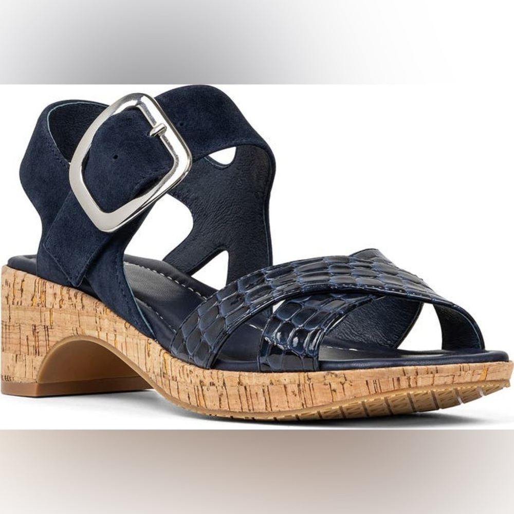 Donald J. Pliner Navy Suede & Croc-Embossed Cork Heel Sandals